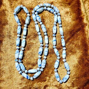Vintage 40" Acrylic Bead Necklace- Cream with Green & Blue Splatter Design 1980s